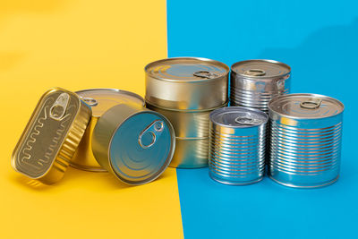 Close-up of coins against blue background