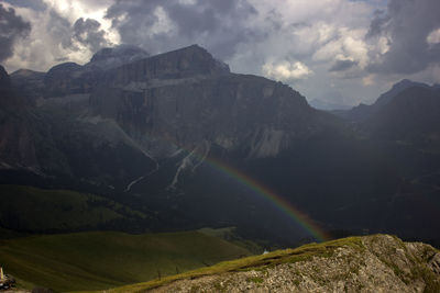 Scenic view of rainbow over mountains against sky