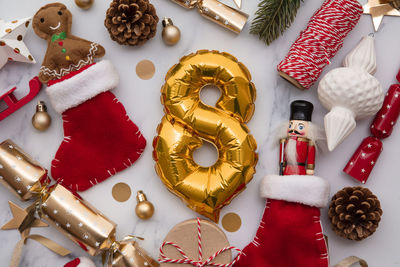 High angle view of christmas decorations on table