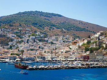 View of town with mountain range in background