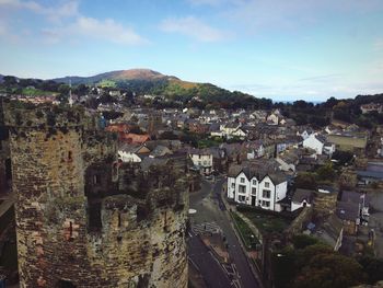 High angle shot of townscape against sky