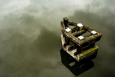 High angle view of abandoned ship against sky