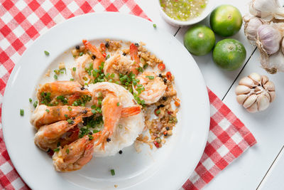 High angle view of seafood in plate on table