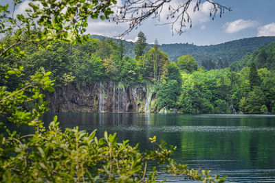 Scenic view of lake by trees against sky