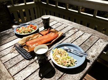 High angle view of breakfast served on table