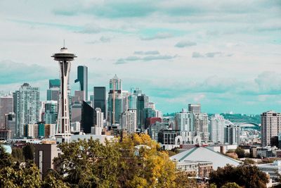 High angle view of buildings against sky