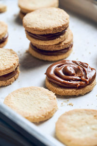 High angle view of cookies in plate on table