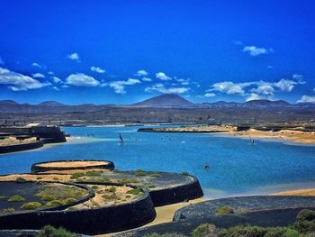 Scenic view of sea against blue sky