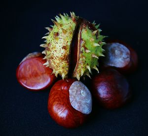 Close-up of chestnuts against black background