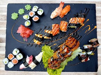 High angle view of food in plate on table