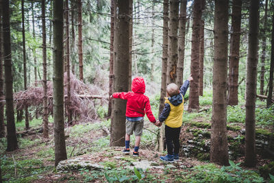 Two children together by the hand in the forest - two brothers walking in the forest on the pathway