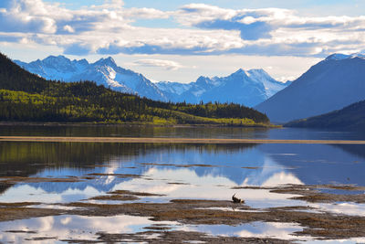 Scenic view of lake by mountains against sky