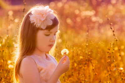 Lovely little girl outdoor blowing dandelion over golden field, summer sunset nature outdoor.