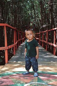 Portrait of boy standing on footbridge