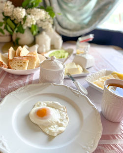 High angle view of breakfast served on table