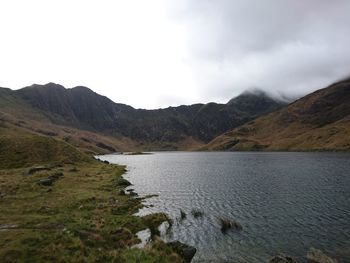 Scenic view of lake and mountains against sky