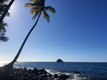 Scenic view of sea against clear blue sky