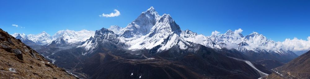 Panoramic view of snowcapped mountains against blue sky