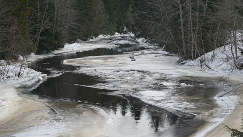 Frozen river stream in forest during winter