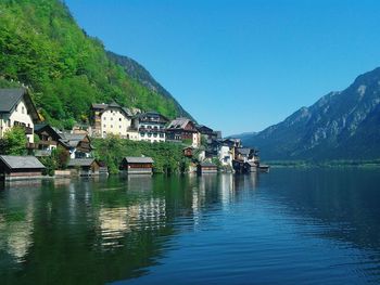 Houses by lake against clear blue sky