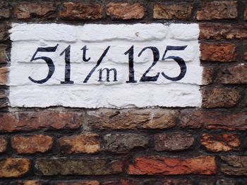 Close-up of text on brick wall