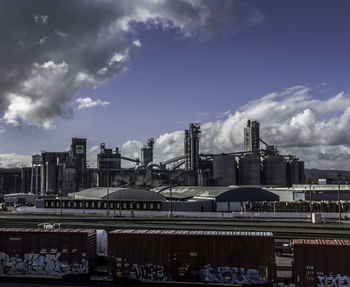 View of cityscape against cloudy sky