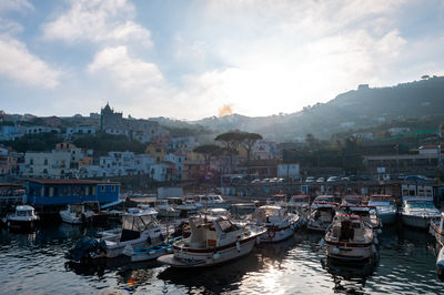 High angle view of boats in sea against sky