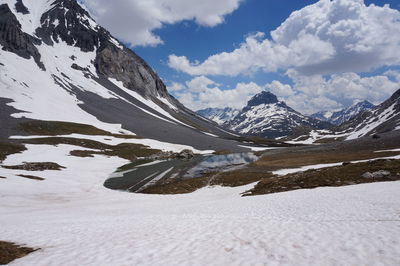 Scenic view of snowcapped mountains against sky