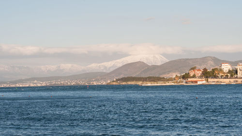 Scenic view of sea and mountains against sky