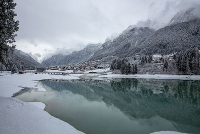 Scenic view of lake and snowcapped mountains against sky