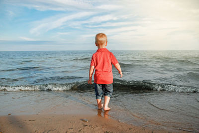 Rear view of boy standing on beach against sky