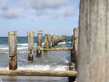 Wooden posts in sea against sky