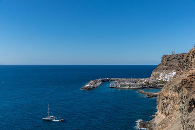 Scenic view of sea against clear blue sky