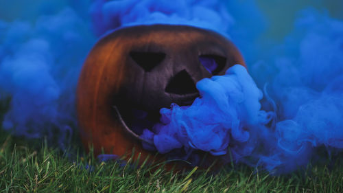 Close-up of blue toy on field