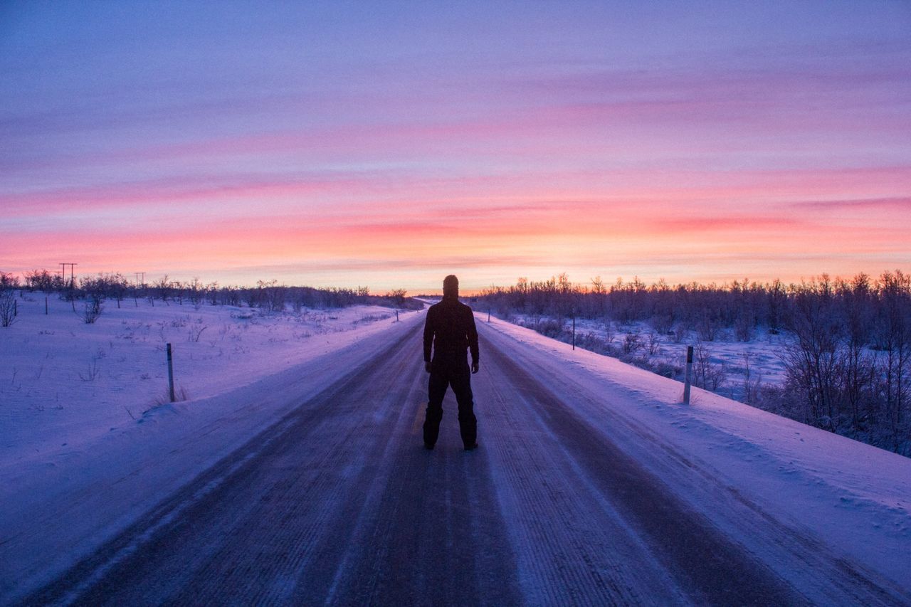 snow, winter, cold temperature, season, weather, full length, walking, covering, rear view, the way forward, warm clothing, lifestyles, sky, transportation, leisure activity, road, landscape, tranquil scene