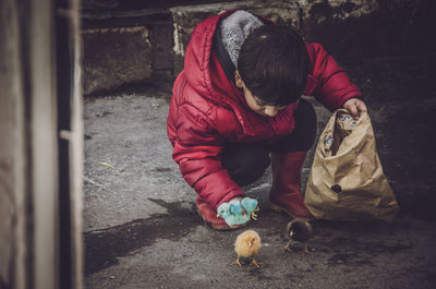 High angle view of man holding food