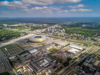 High angle view of street amidst buildings in city