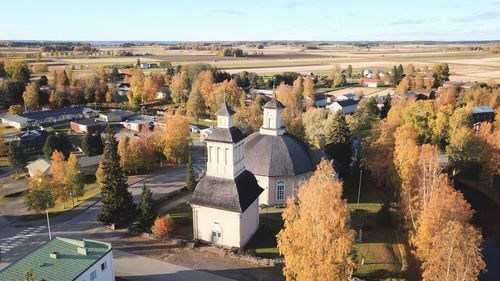 High angle view of buildings against sky