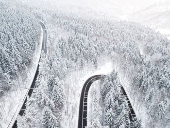 High angle view of snow on road