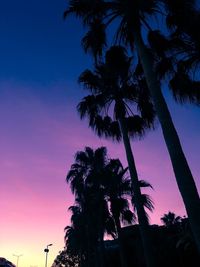 Low angle view of silhouette palm trees against romantic sky