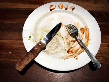 High angle view of food in plate on table