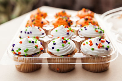 High angle view of cupcakes on table