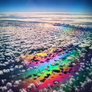 Aerial view of rainbow over sea against sky