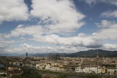 High angle view of cityscape against cloudy sky