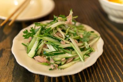 High angle view of salad in bowl on table