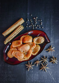 High angle view of fruits on table