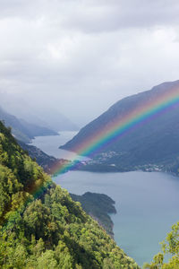 Scenic view of rainbow over mountain against sky