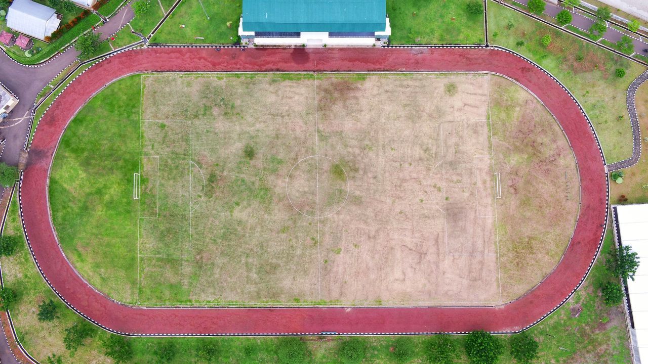 plant, grass, no people, high angle view, day, green, sport venue, nature, playground, outdoors, stadium, architecture, sports, lawn, aerial view, field, park, built structure, tree