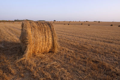 Hay bales on field against sky