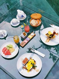 High angle view of breakfast served on table